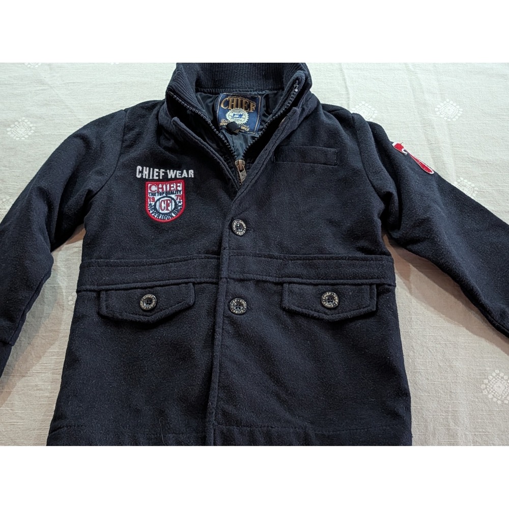 Chiefwear Kids Jacket Size 3 Black Wool Blend Coat Embroidered Patch Zip Button